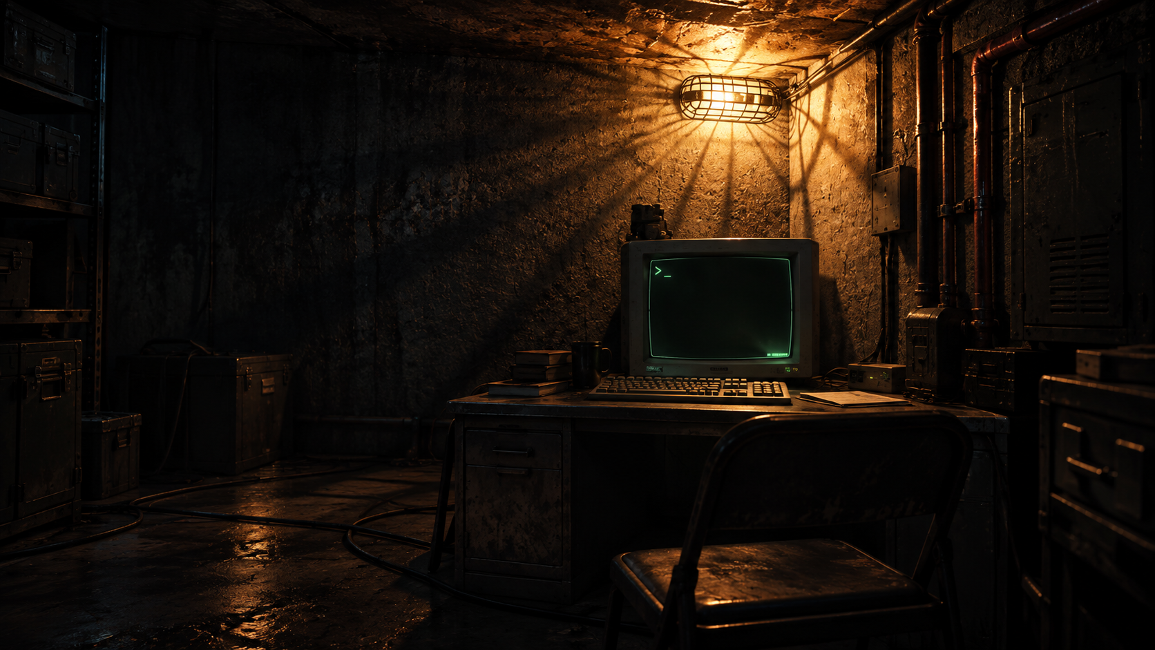 A worn computer glows inside a dark concrete operations room, under an amber industrial lamp.